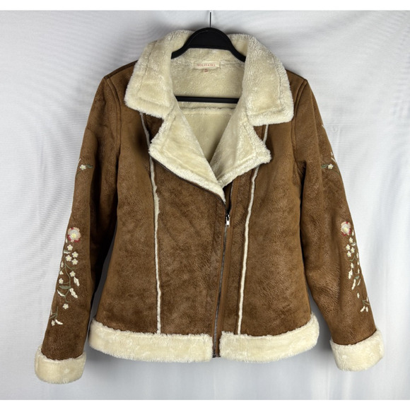Solitare Jackets & Blazers - Anthro Solitaire Faux Suede Jacket Size Medium Embroidered Sherpa Lined Western